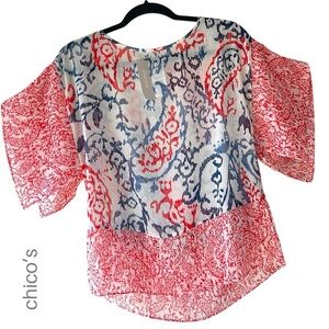 NWT | CHICO’S FLUTTER SLEEVE PAISLEY IKAT PRINT TOP BLUE WHITE RED | SIZE 4/6